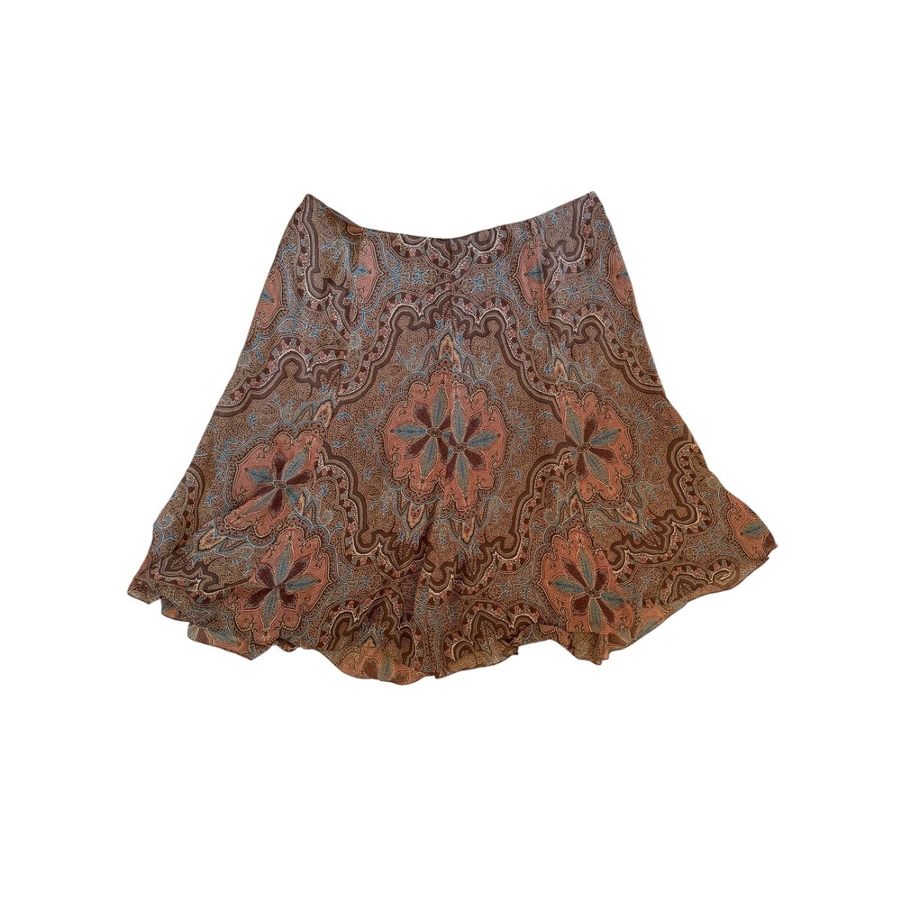 Lauren Ralph Lauren Silk Paisley Flared Skirt Brown Terracotta 22W Lettuce Hem